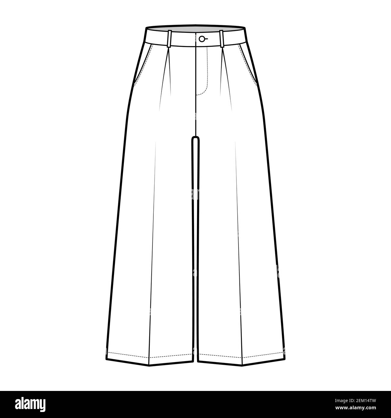 Pants capri technical fashion illustration with low waist, rise, single pleat, mid-calf length, wide legs, seam pockets. Flat trousers apparel template, white, color. Women, men, unisex CAD mockup Stock Vector