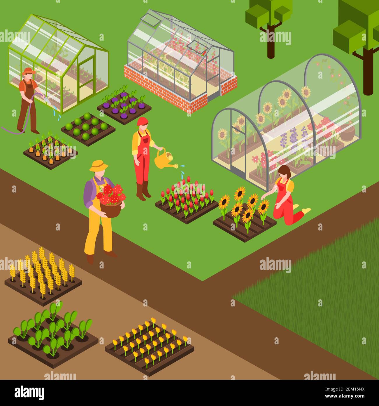 Farmers watering flowers and working in garden of farm isometric background 3d vector illustration Stock Vector