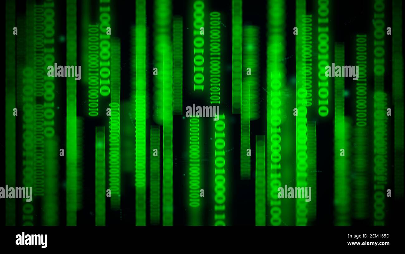 Moving binary code lines in dark green background, shining codes with ...