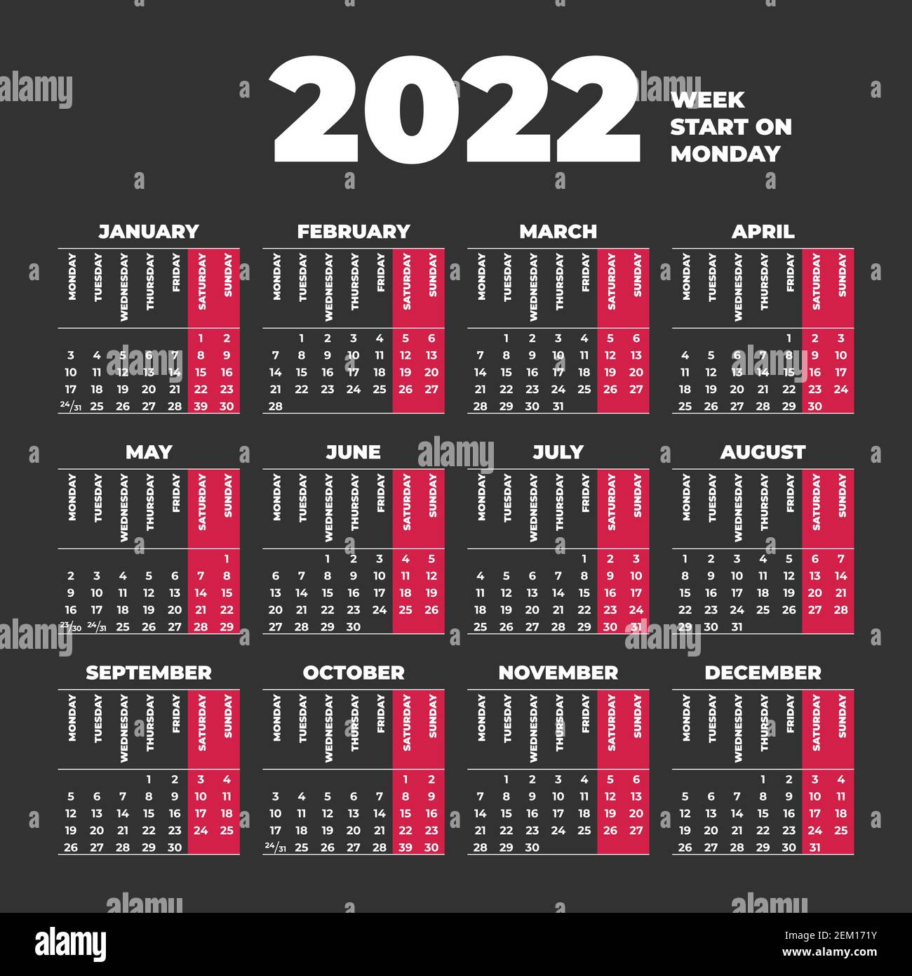 2022 Calendar template with weeks start on Monday Stock Vector