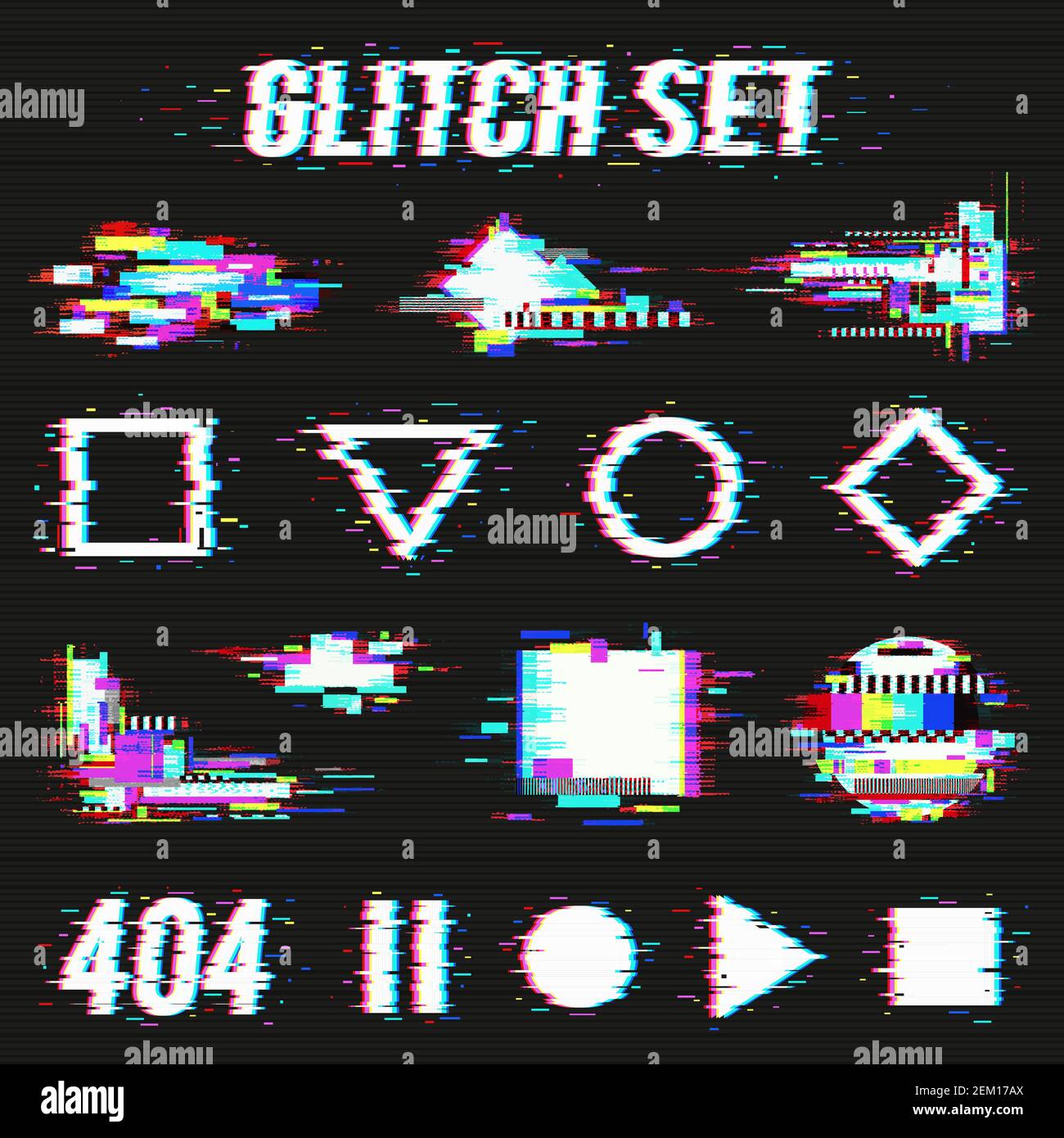 Glitch set on black background with geometric forms and font with distortion effect flat vector illustration Stock Vector