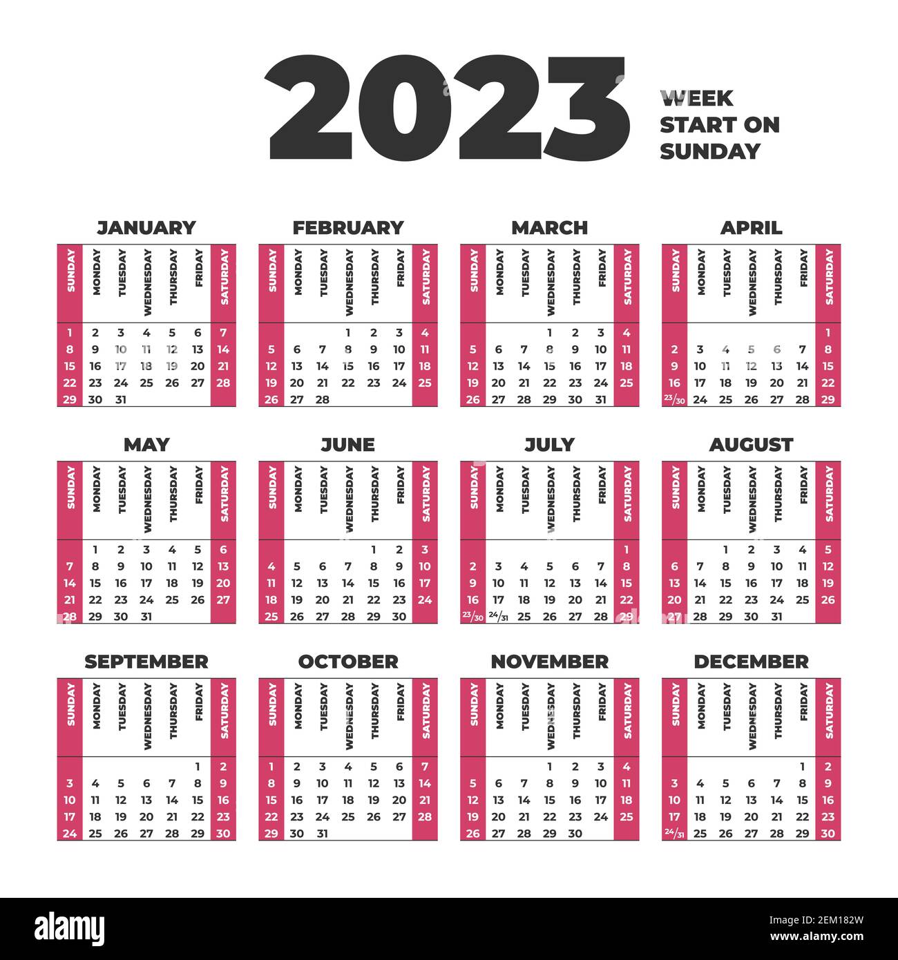 2023 Calendar template with weeks start on Sunday Stock Vector