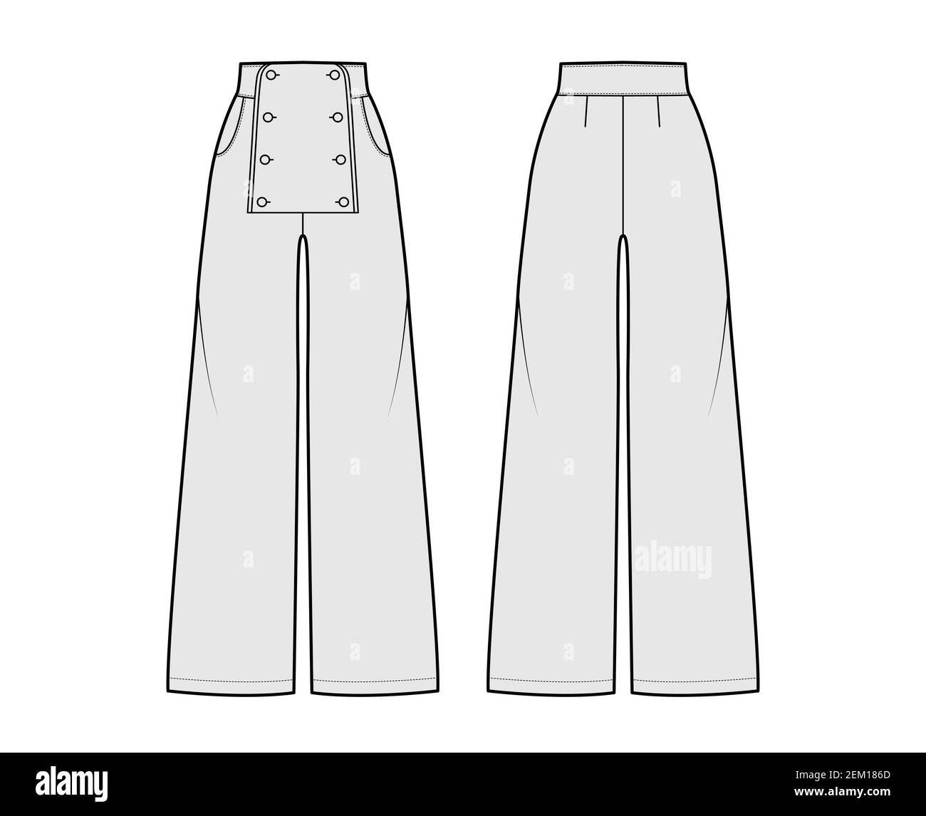 Set of Pants sailor technical fashion illustration with normal waist ...