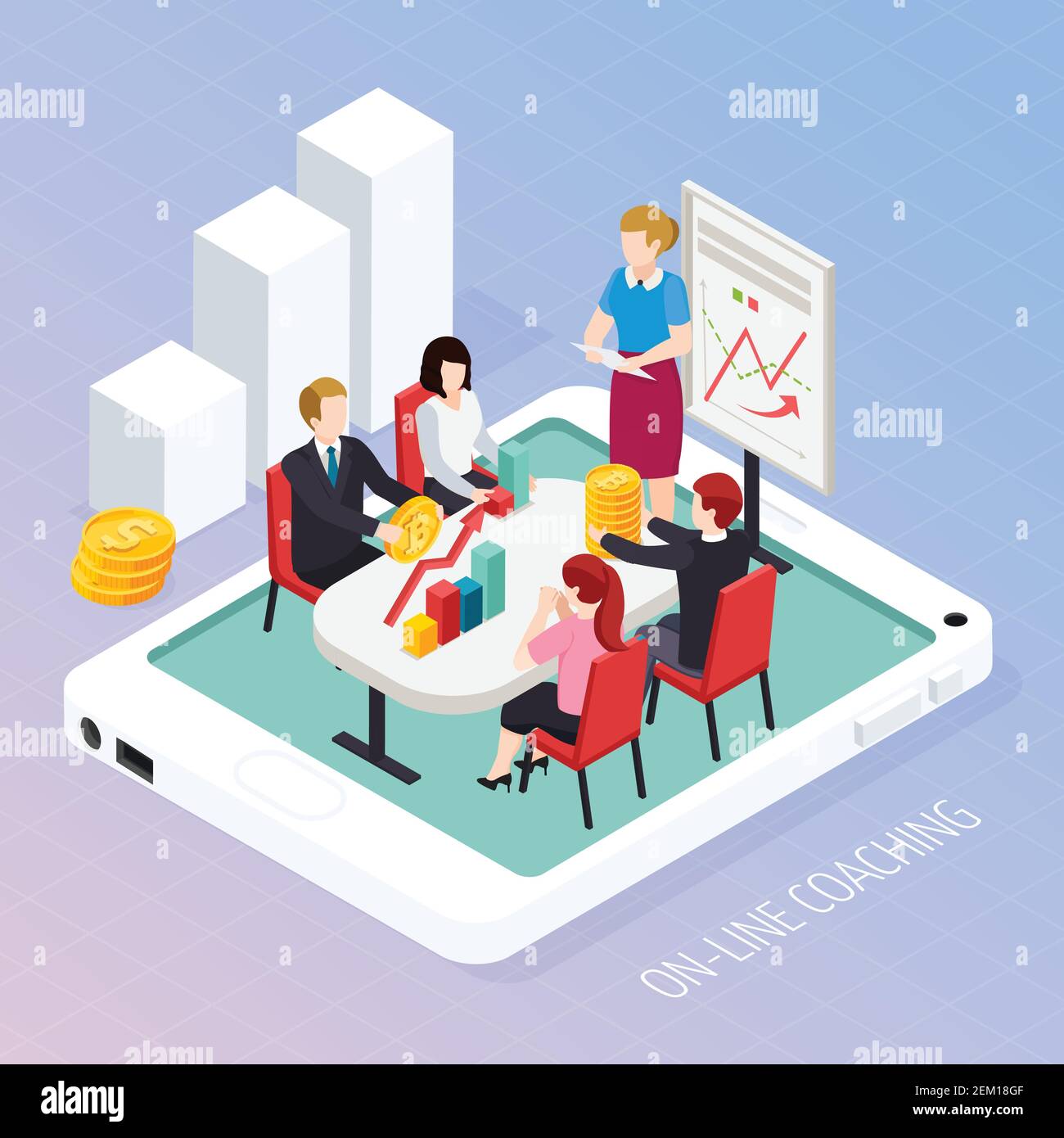 Business coaching online isometric composition on textured gradient background, staff training on mobile device screen vector illustration Stock Vector