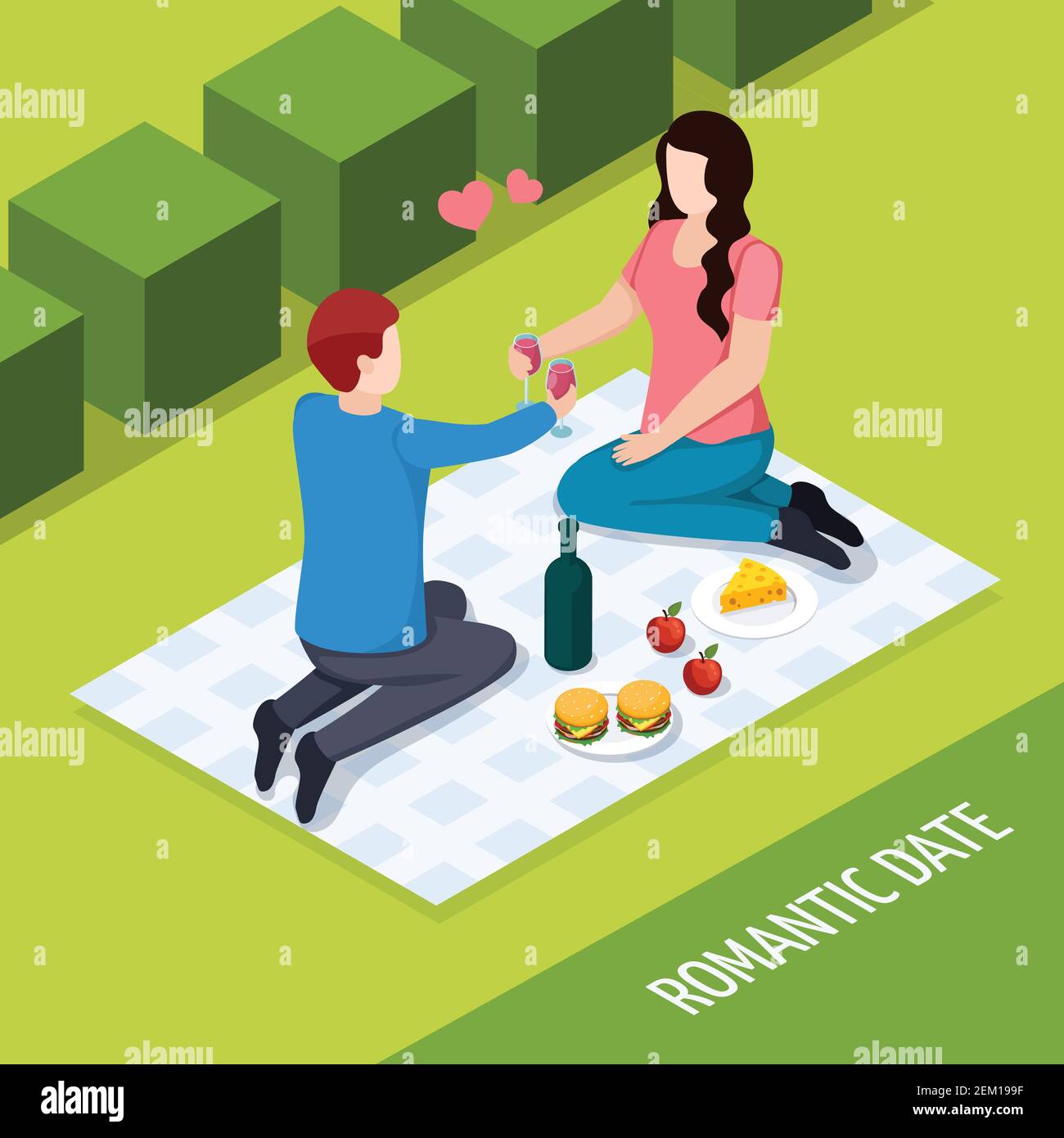 Romantic date at outdoor, couple on picnic during eating isometric ...