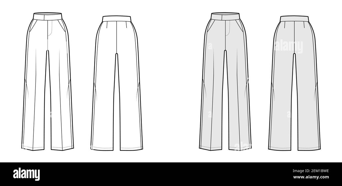 Pants tuxedo technical fashion illustration with extended normal waist, high rise, full length, slant pockets, side satin stripe. Flat trousers template back, white, grey color. Women, men CAD mockup Stock Vector
