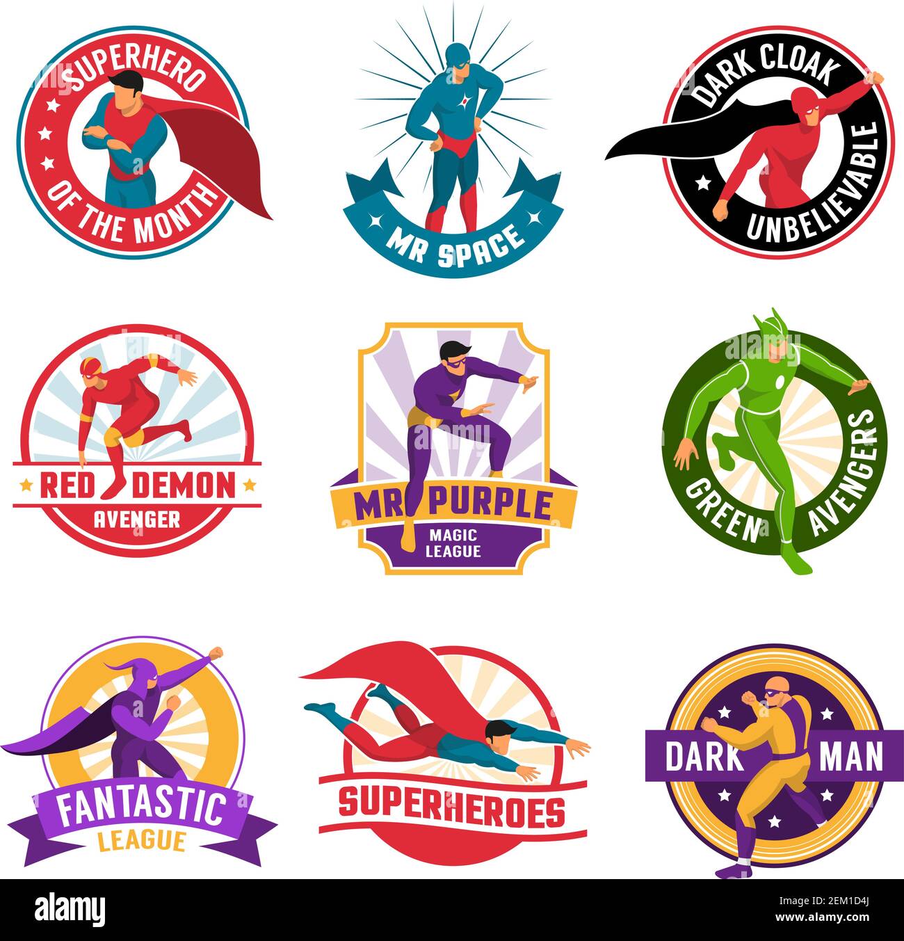Popular games movies superhero characters isometric emblems collection with red demon and dark man isolated vector illustration Stock Vector