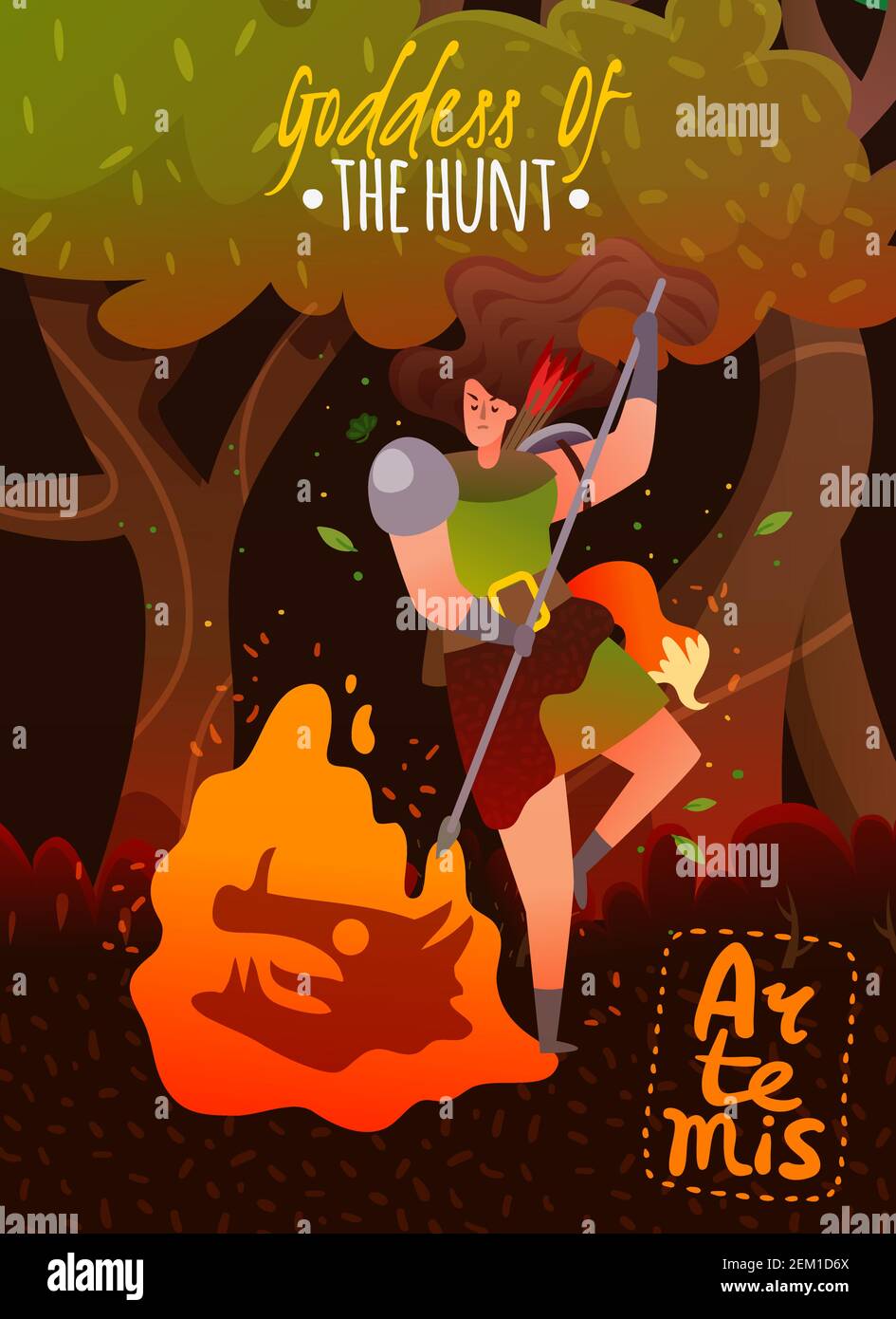 Greece mythology cartoon poster with ancient goddess of hunt artemis keeping fire flat vector illustration Stock Vector