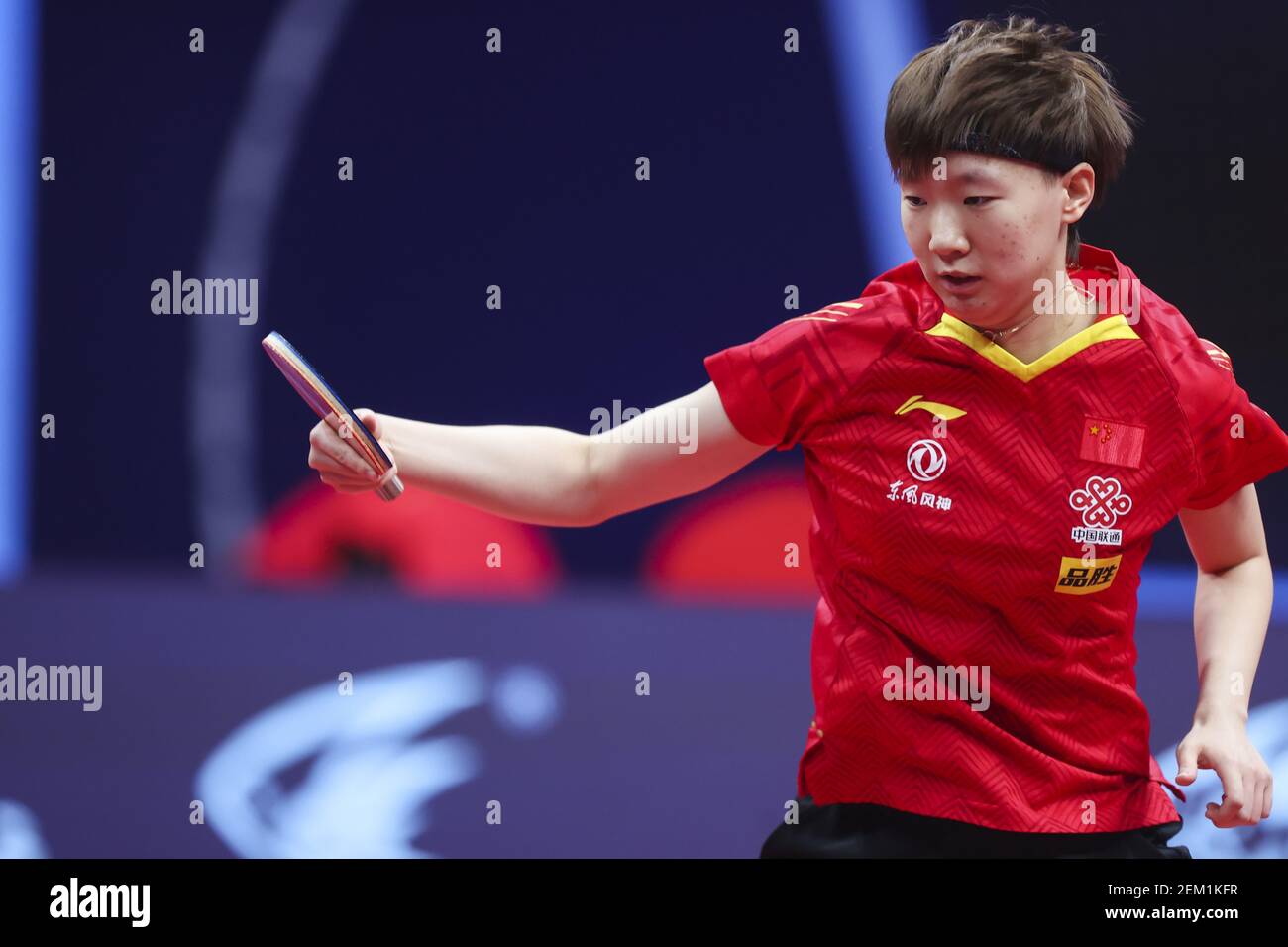Chinese table tennis player Wang Manyu plays against Chinese table