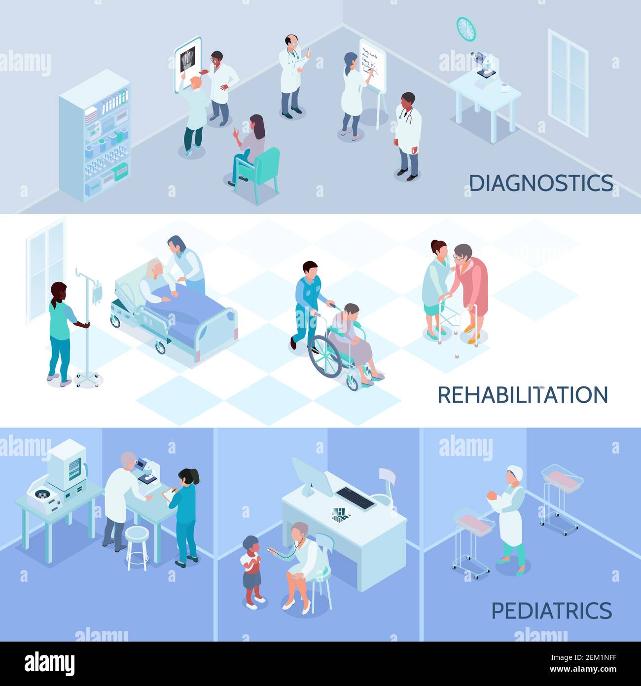 Hospital staff horizontal banners with diagnostics rehabilitation