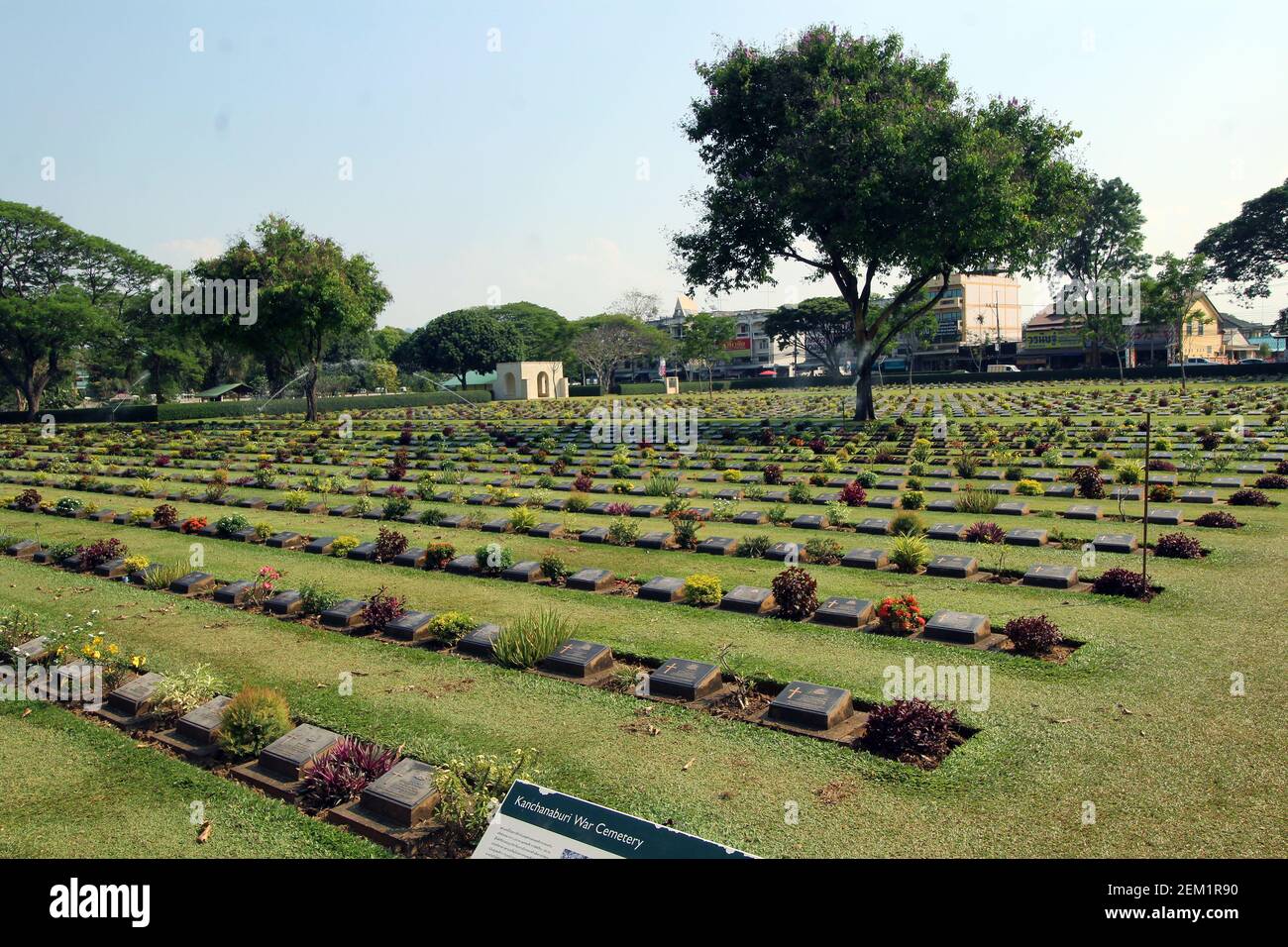 KANCHANABURI, THAILAND - MARCH 18, 2018 Commonwealth war graves, Kanchanaburi War Cemetery stone of remembrance and plots 2, 4, 6 and 8 Stock Photo
