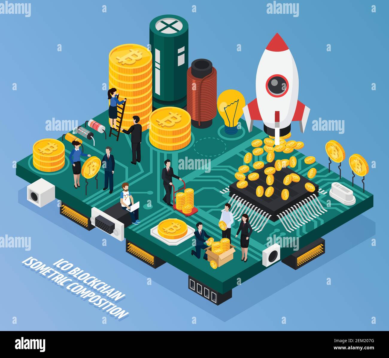 ICO blockchain isometric composition on blue background with ...