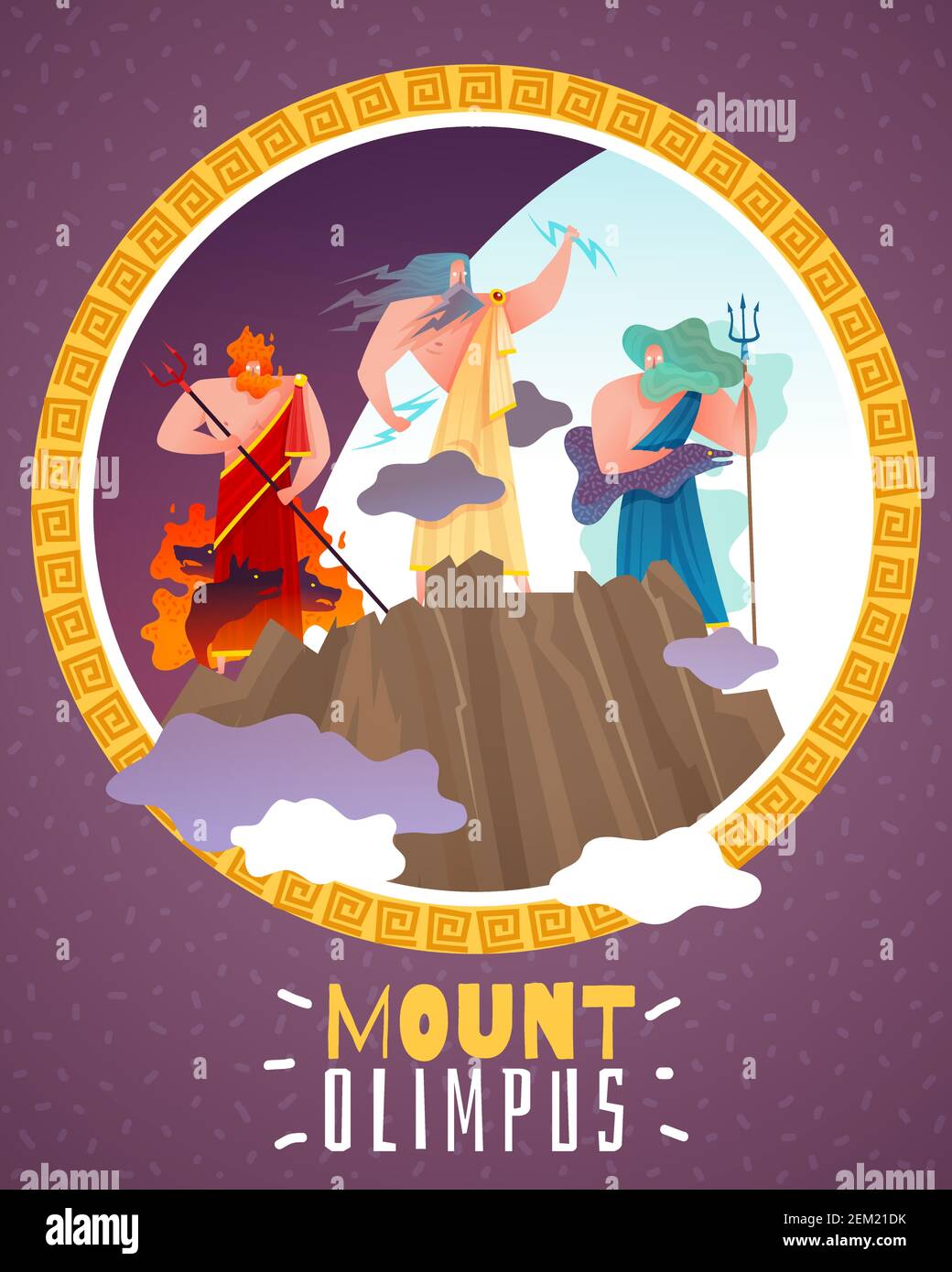 Mount olimpus cartoon poster with ancient greece gods zeus poseidon hephaestus flat vector illustration Stock Vector