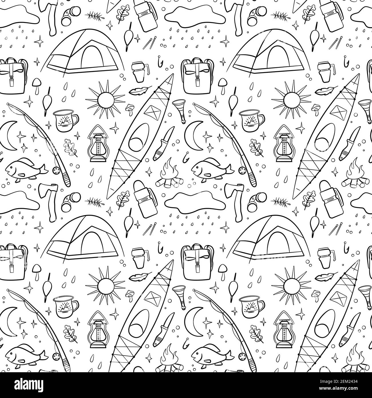 Hiking and camping seamless pattern with travel elements. Seamless pattern for design, posters, backgrounds Hiking, travel and camping theme. Tent, camper, boat, campfire, ax, binoculars in line style Stock Vector