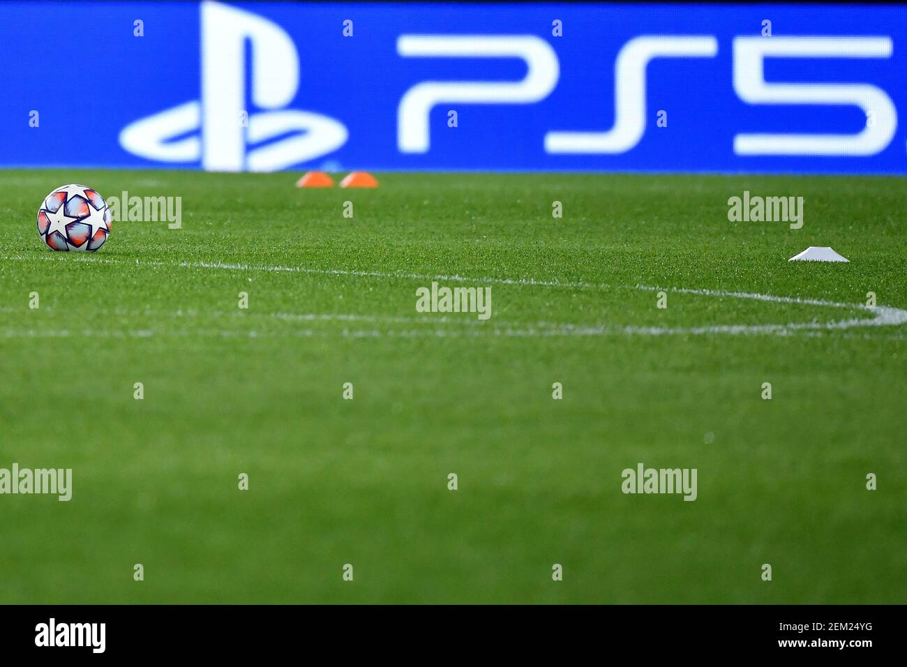 An Adidas champions league ball is seen in front of a playstation PS5  advertise prior to the Champions League Group Stage F day 1 football match  between SS Lazio and FC Zenit