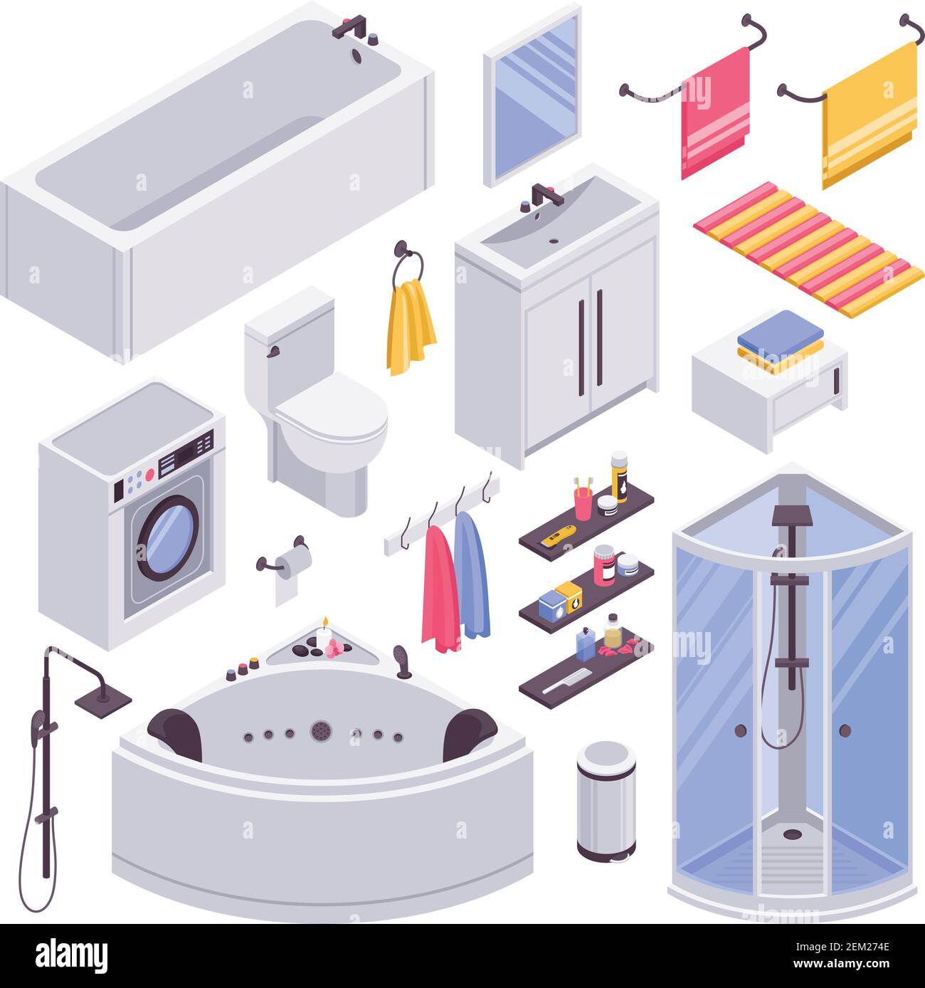 Bathroom units furniture accessories isometric set with bathtubs shower ...
