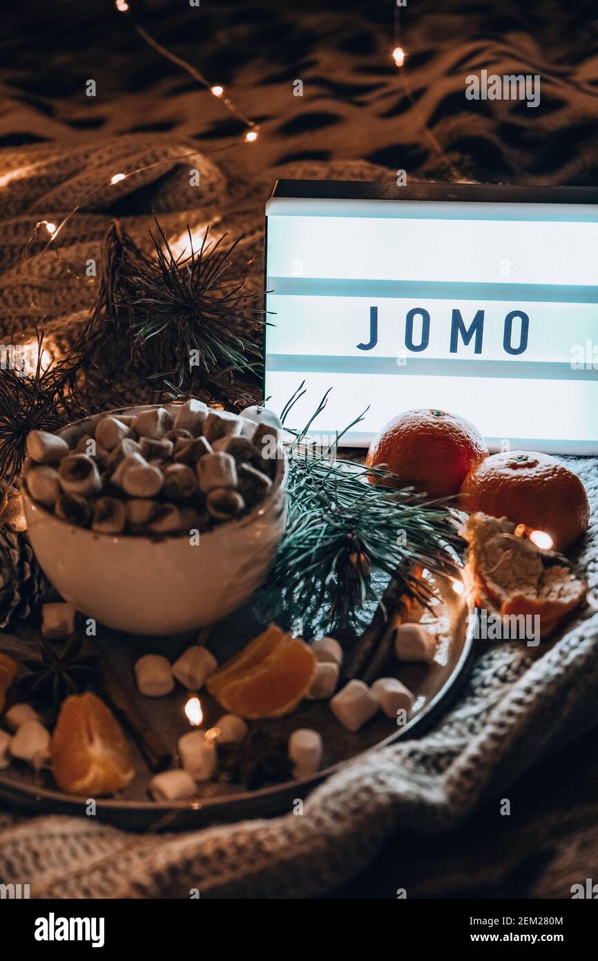 Lightbox with text JOMO Joy of missing out Cup with hot winter cacao and marshmallows tangerines spruce branch on bed. Christmas lights. Pine cones decoration. Cozy winter days. Hygge Stock Photo