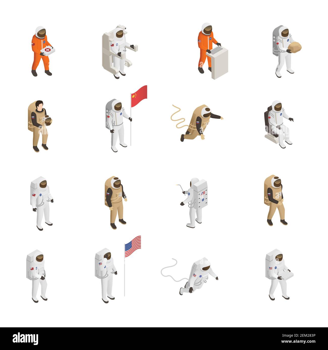 Astronauts explorers in spacesuit figures isometric icons collection with spacemen floating in outer space isolated vector illustration Stock Vector