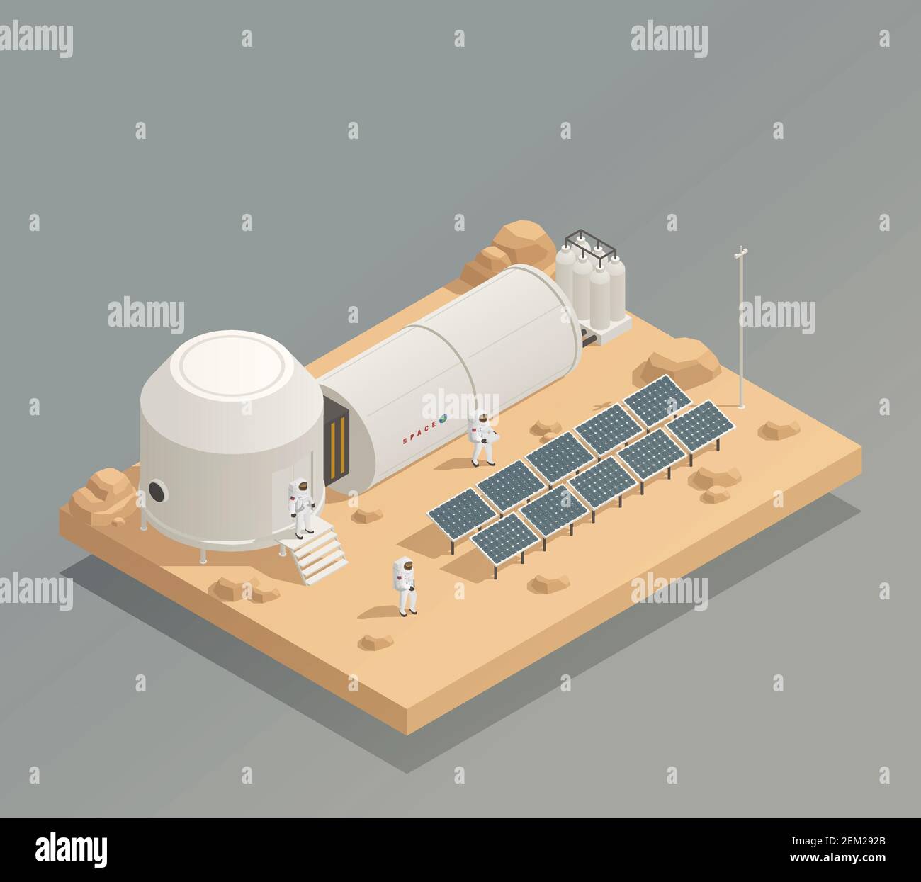 Sun panels energy generator facility on another planet surface and astronauts in spacesuits isometric composition vector illustration Stock Vector