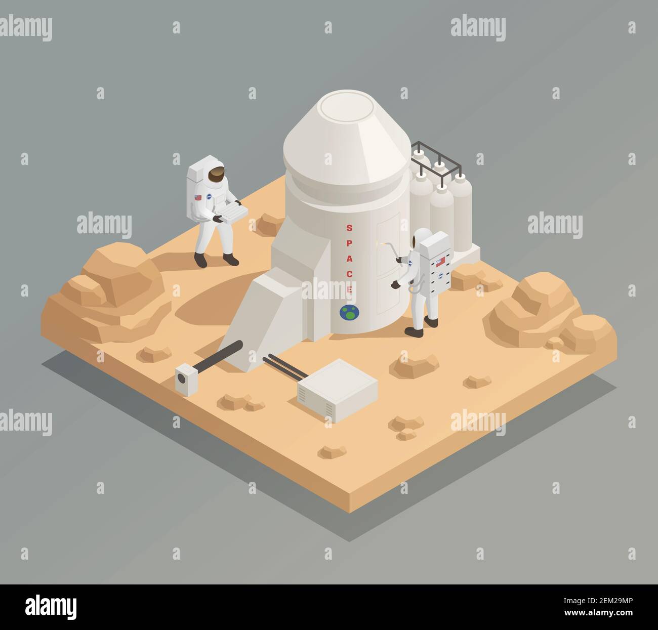 Life in universe isometric composition with astronauts in spacesuits working outside facility on another planet vector illustration Stock Vector