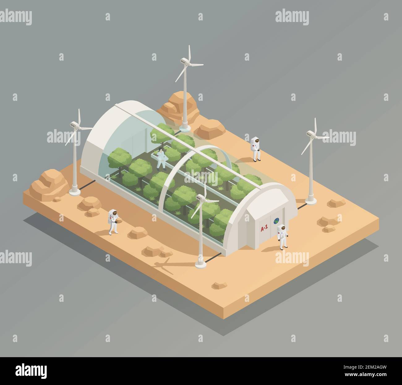 Space research experimental tunnel greenery facility for plant and trees cultivation isometric composition with astronauts vector illustration Stock Vector