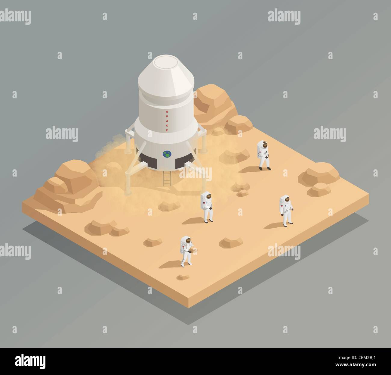 Space exploration mission isometric composition with spacecraft crew astronauts in spacesuits on other planet surface vector illustration Stock Vector