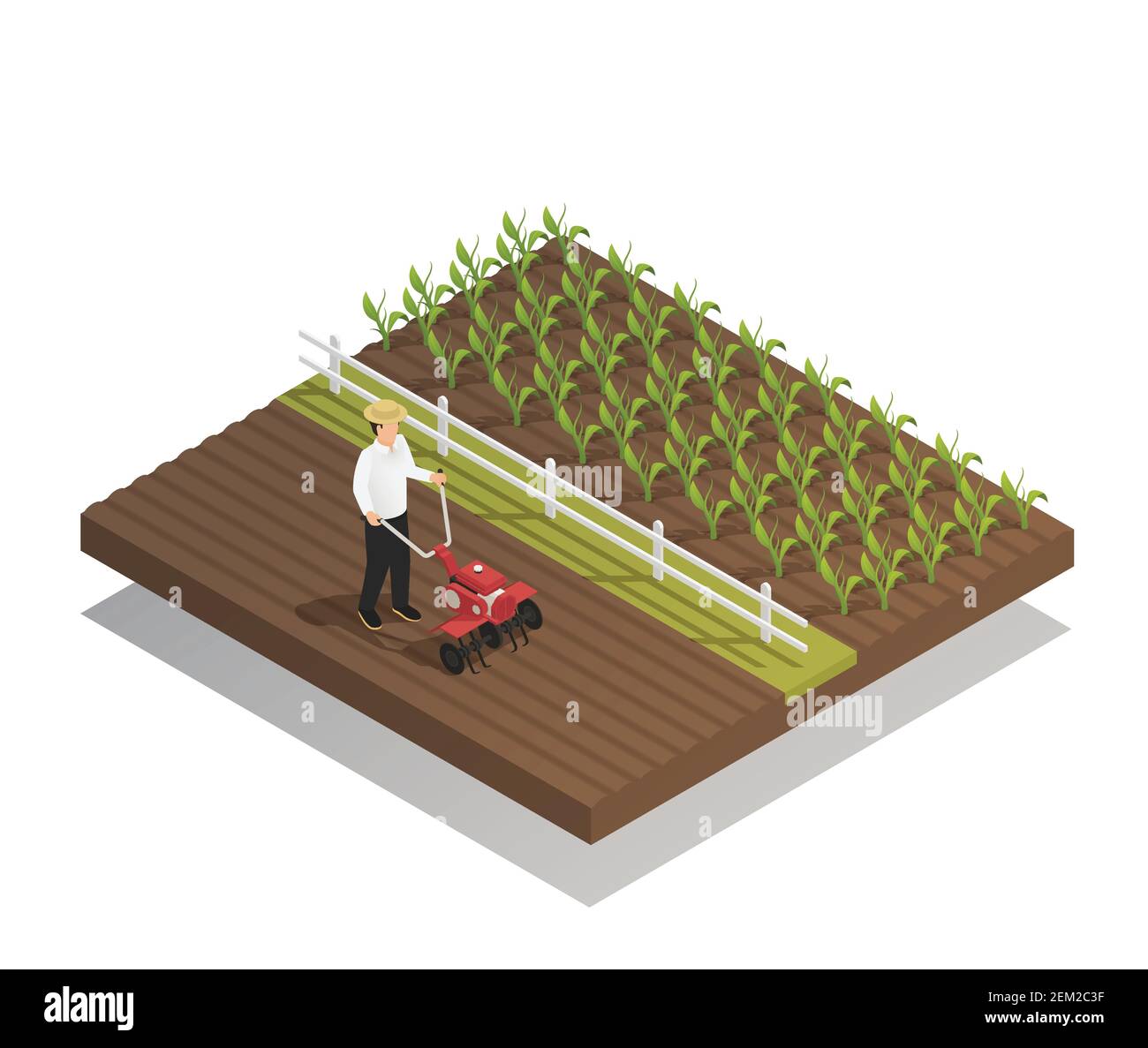 Farming machinery agricultural equipment isometric composition with hand push rotary garden cultivator harrowing and growing crops vector illustration Stock Vector