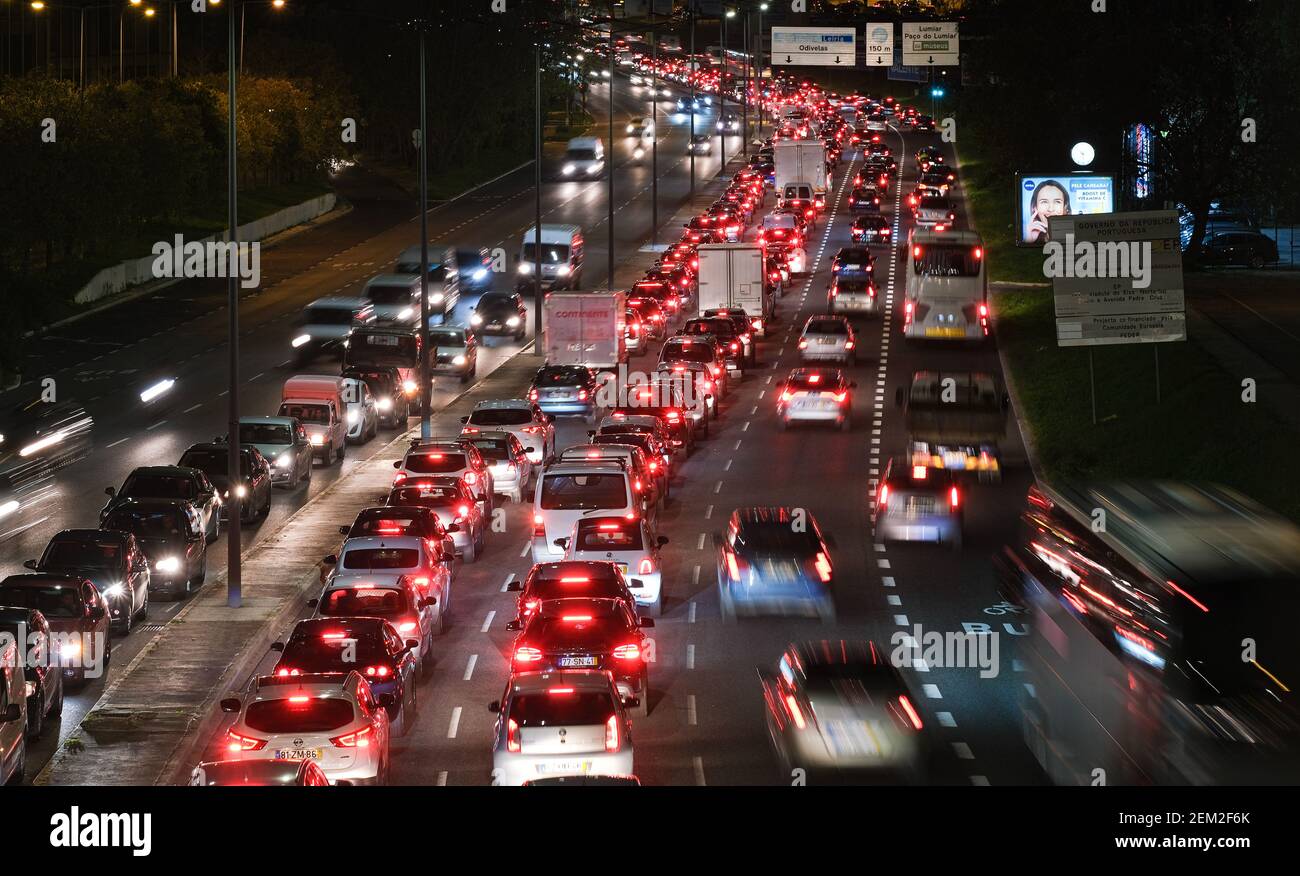 Lisbon, 11/27/2020 Rush hour at one of the main exits in the city of