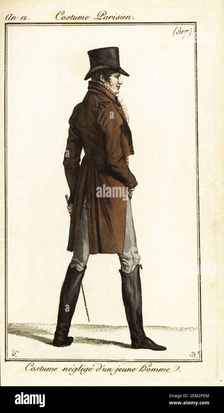 French dandy in casual costume, Paris, 1804. He wears a top hat, cravatte,  frock coat, waistcoat, breeches and boots. Costume neglige d'un jeune  homme. Handcoloured copperplate engraving by Pierre-Charles Baquoy after  Carle