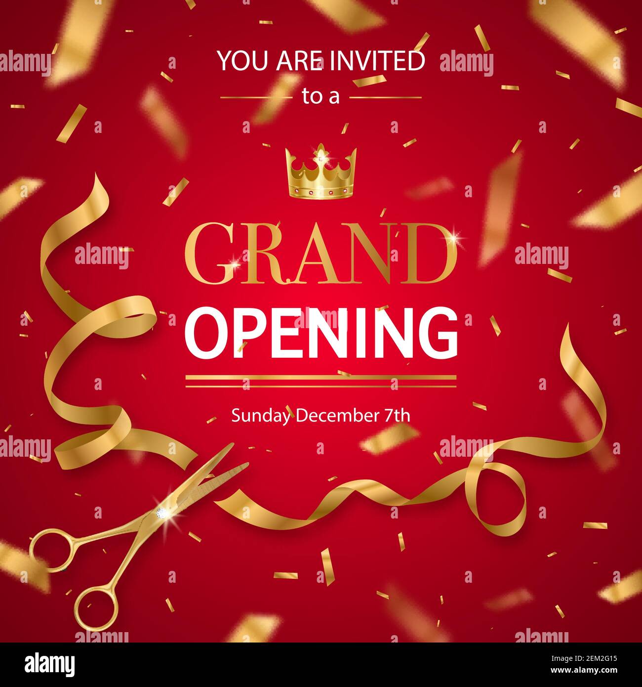 Grand opening invitation card poster with realistic golden scissors cutting ribbon and crown red background vector illustration Stock Vector