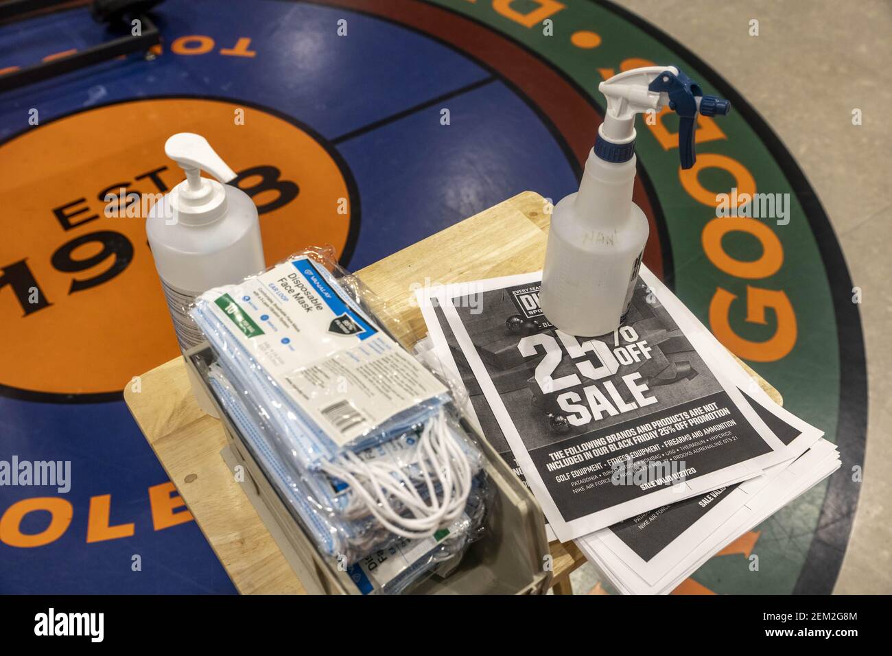 Dick's Sporting Goods sore is ready for COVID-19 response with hand  sanitizer, disinfectant and face coverings for their customers. Shoppers go  to stores to take advantage of Black Friday sales during the