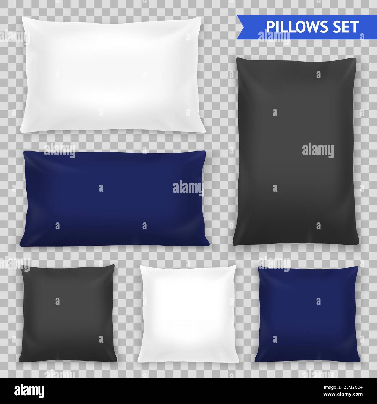 Realistic bedroom pillows various shapes and sizes set in white blue