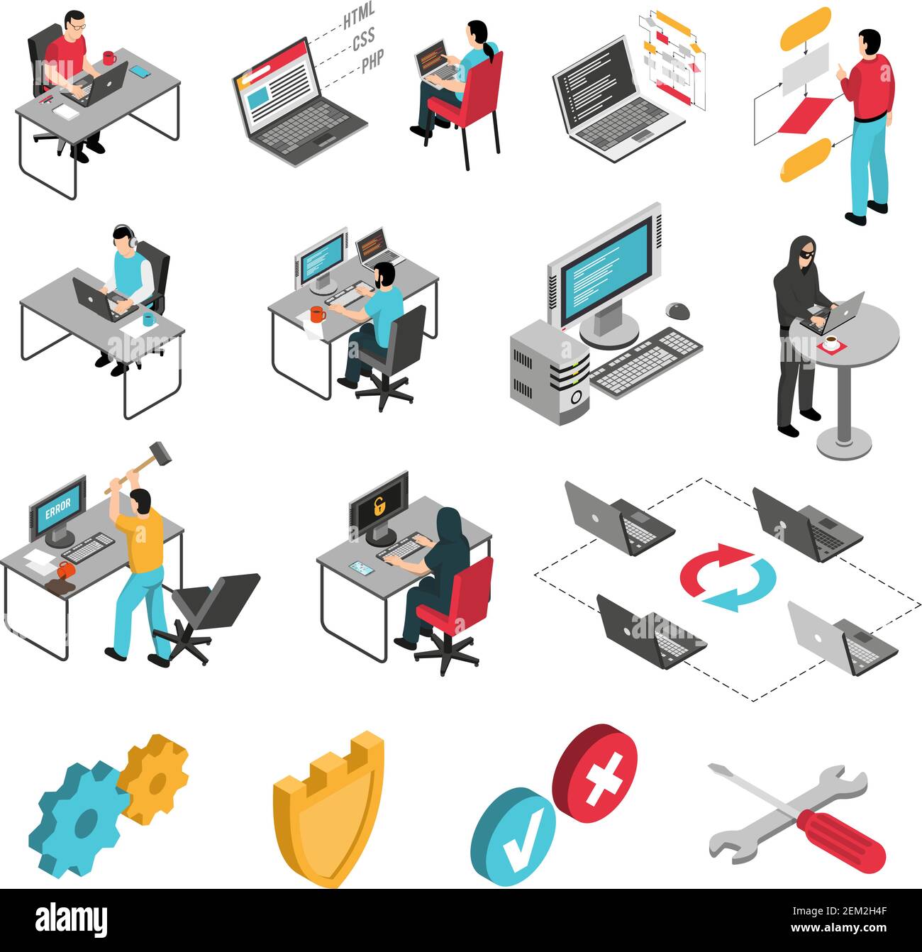 Programmers software developers isometric icons collection with block ...