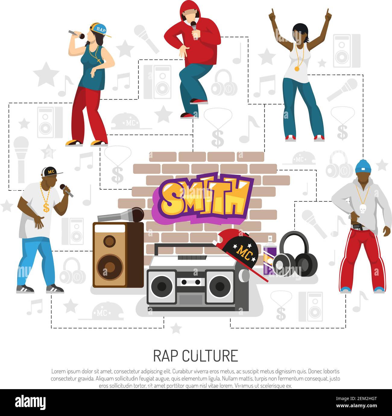 Rap music culture symbols flat background poster with singers performers retro accessories brick wall graffiti vector illustration Stock Vector