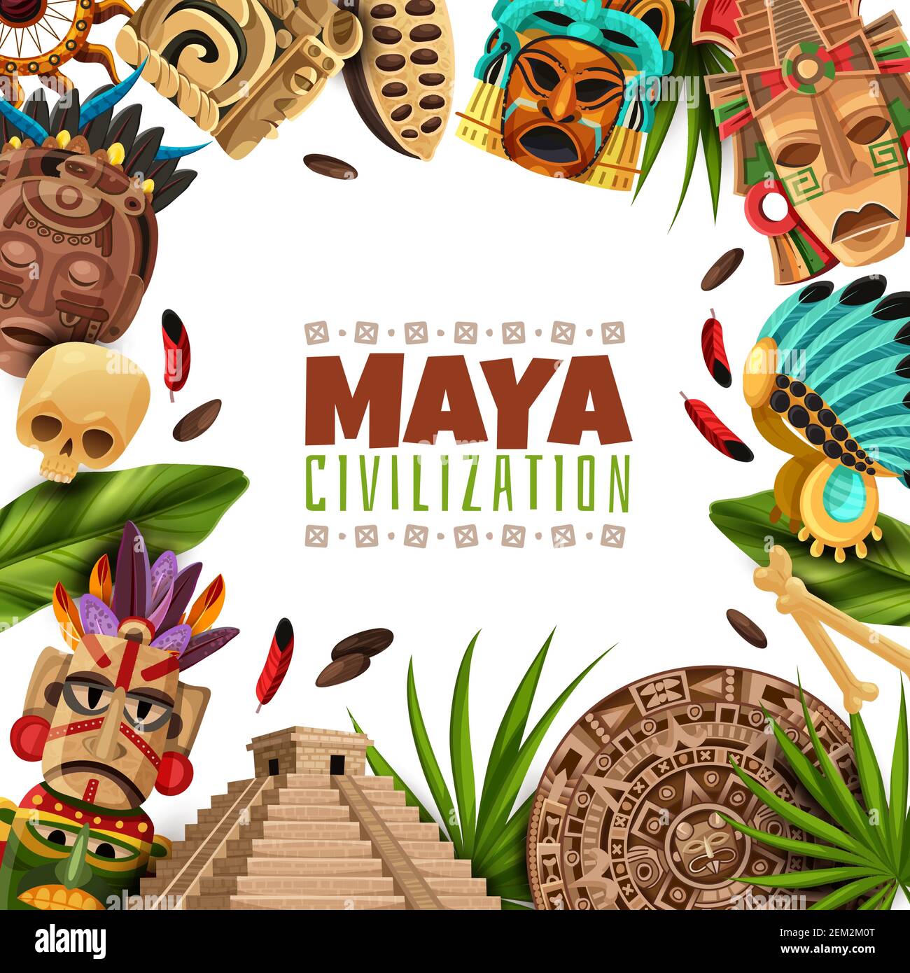 Maya Civilization Cartoon Frame With Chichen Itza Pyramid Mayan