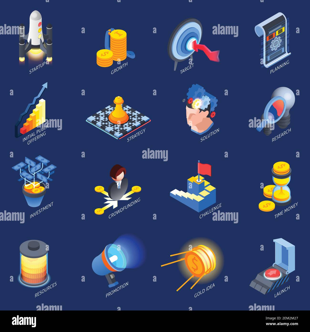 Startup launch concept isometric colorful icons collection with ...