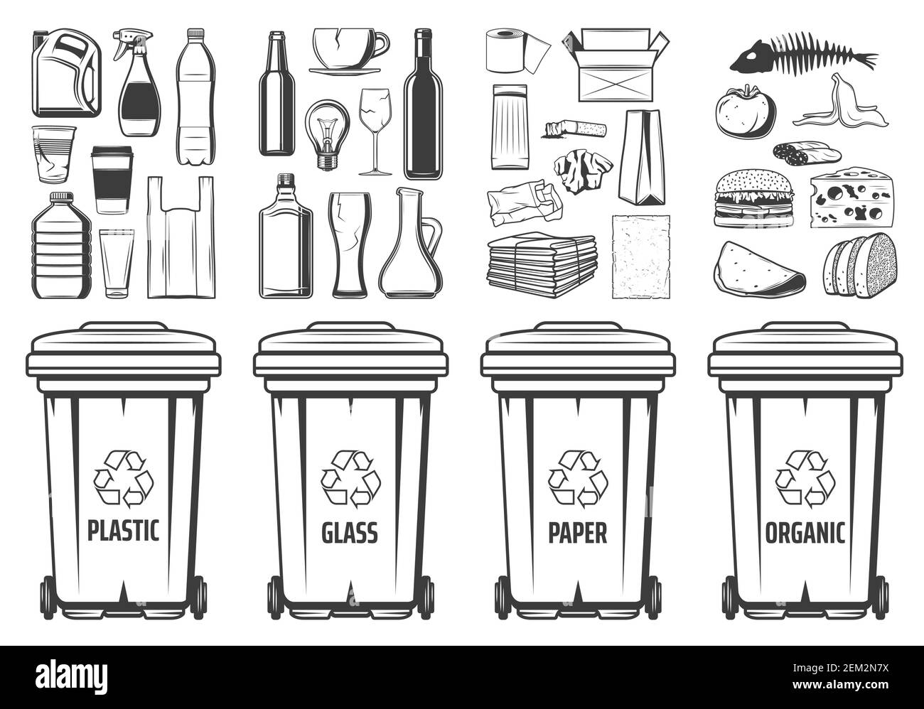 Trash recycling bins icons, plastic, glass or paper and organic wastes PET symbols. Vector recycle bin containers with food wastes and reusable litter Stock Vector