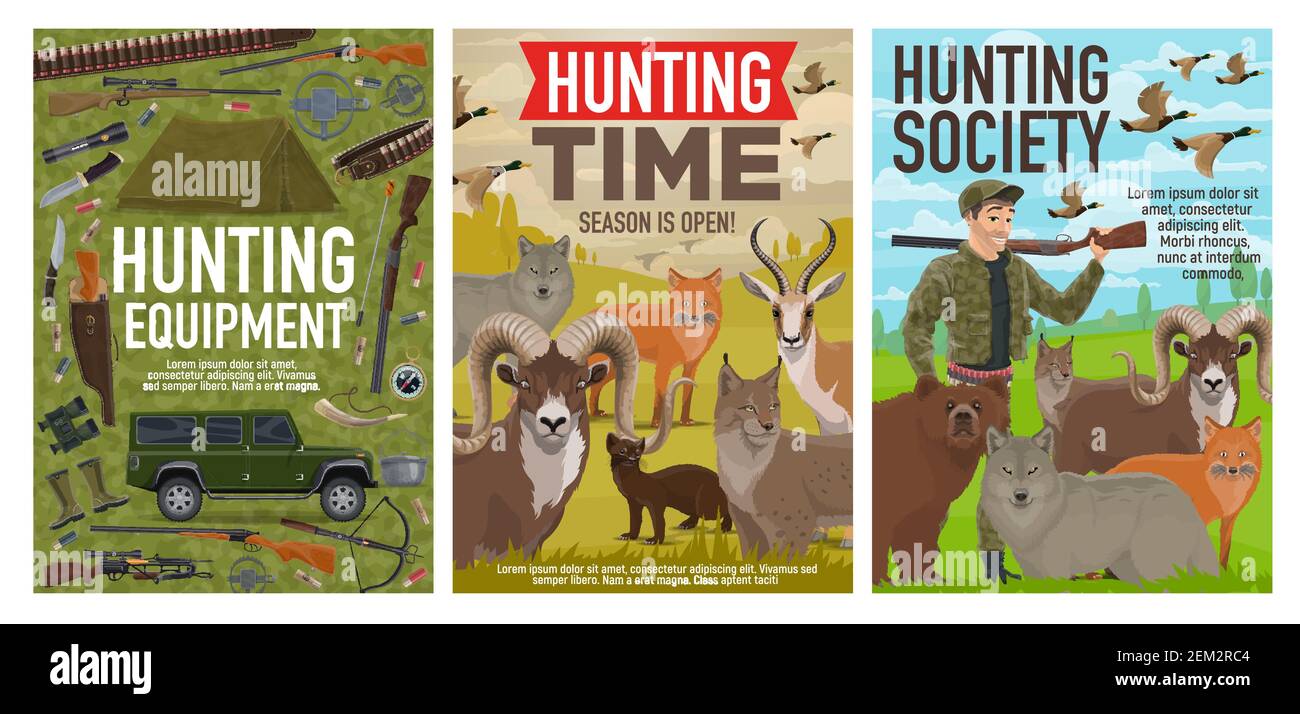 Hunting equipment, hunt wild animals and birds, safari and forest hunt