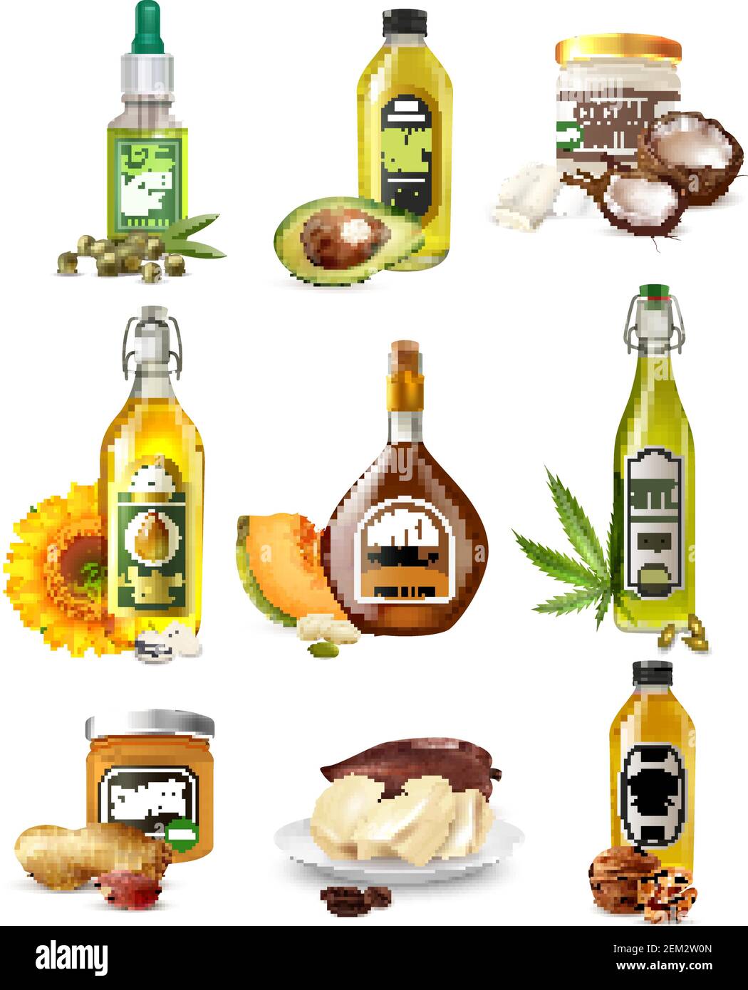 Set of realistic vegetable oils from seeds, nuts and fruits in bottles