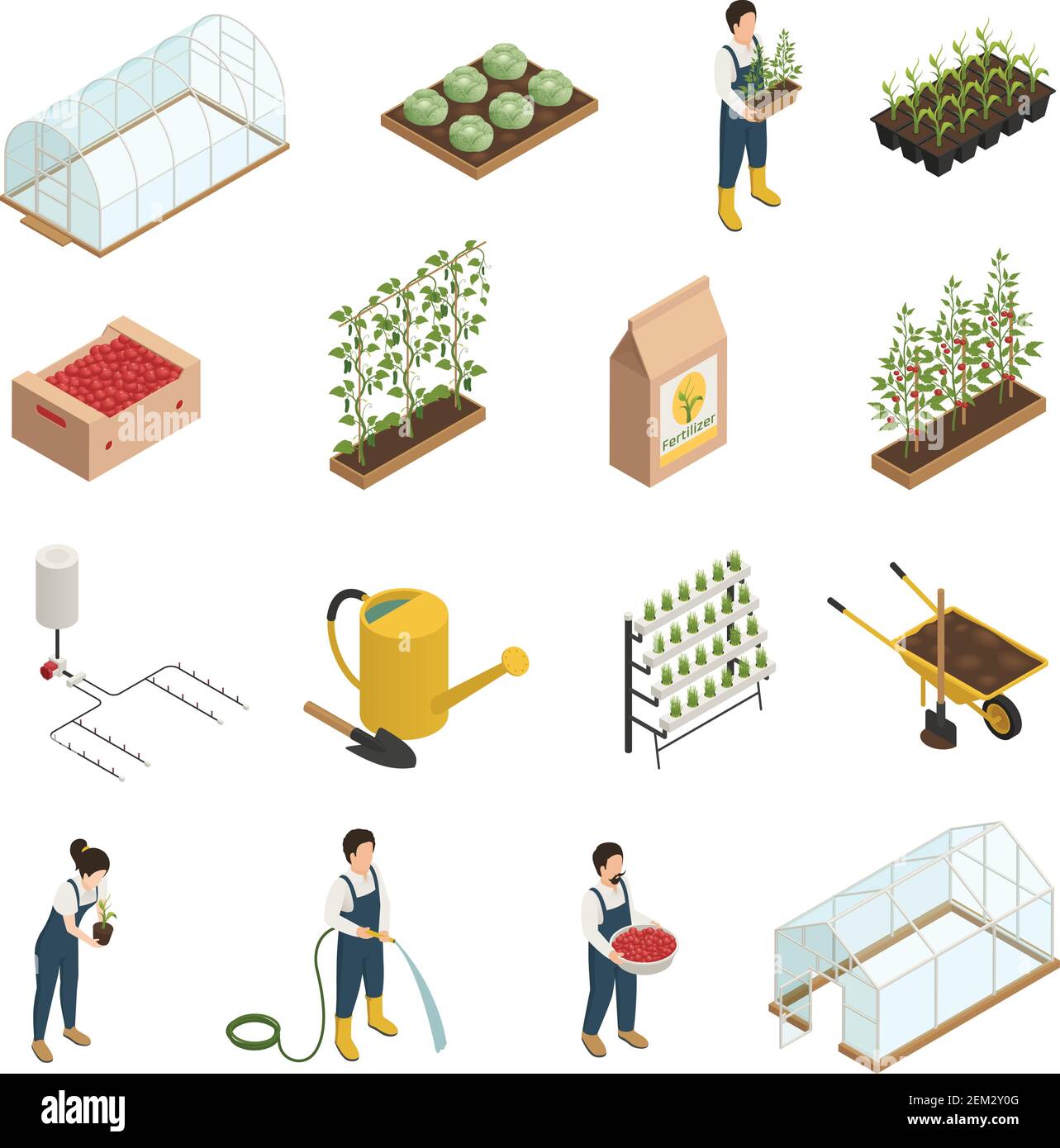 Greenhouse facilities personnel tools equipment plants accessories isometric icons set with wheelbarrow Stock Vector