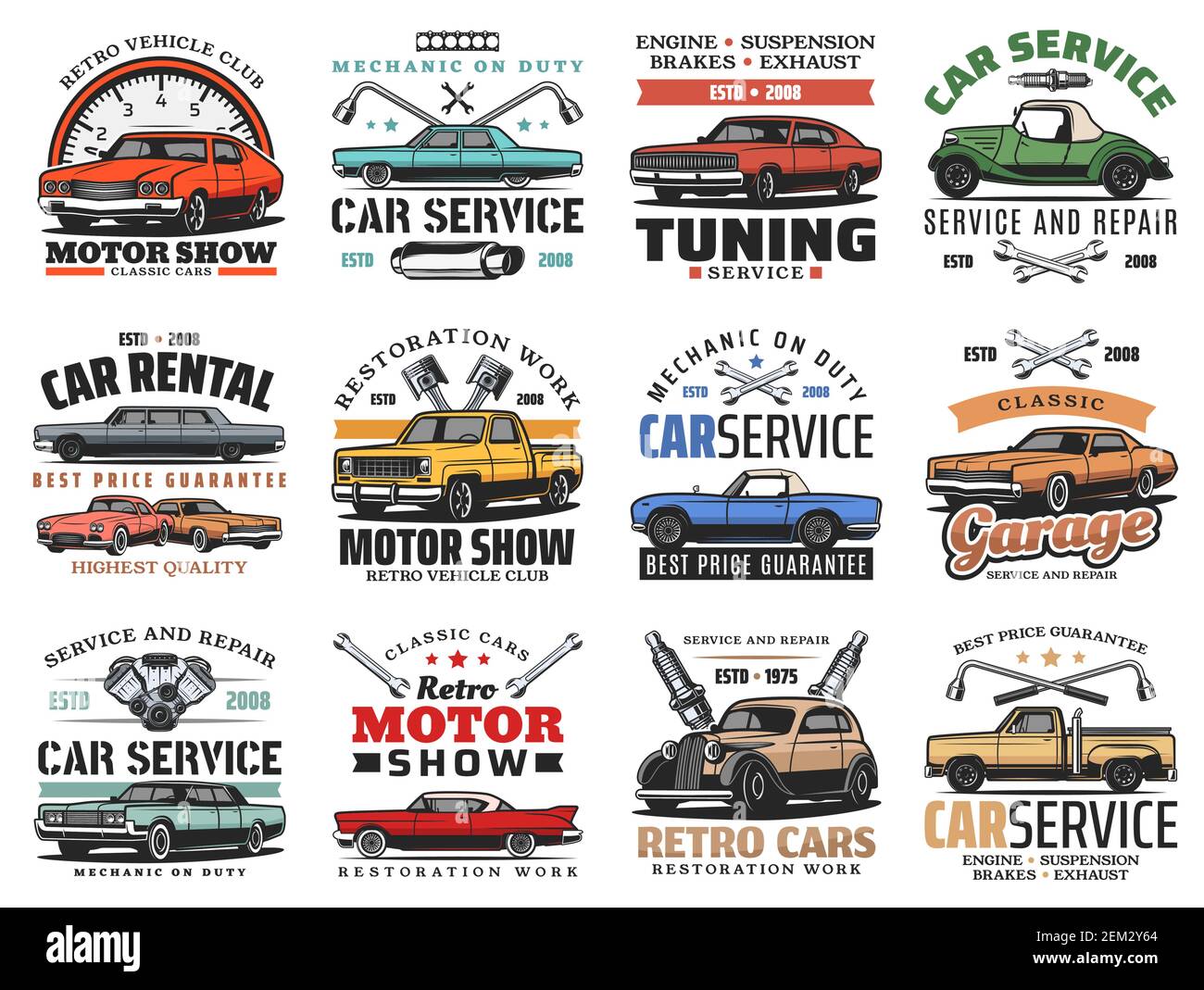 Car maintenance service, automobile repair and diagnostics auto center icons. Vector retro cars motor show and vintage automobile club, rental and tun Stock Vector