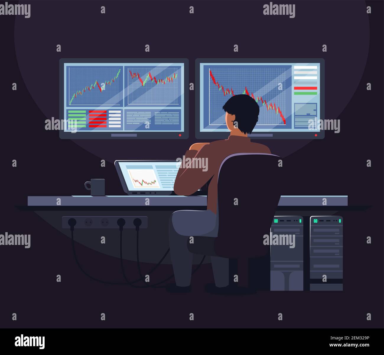 Stock broker sitting at trader desk in front of computer screen, flat vector illustration. Trading room. Stock market. Stock Vector