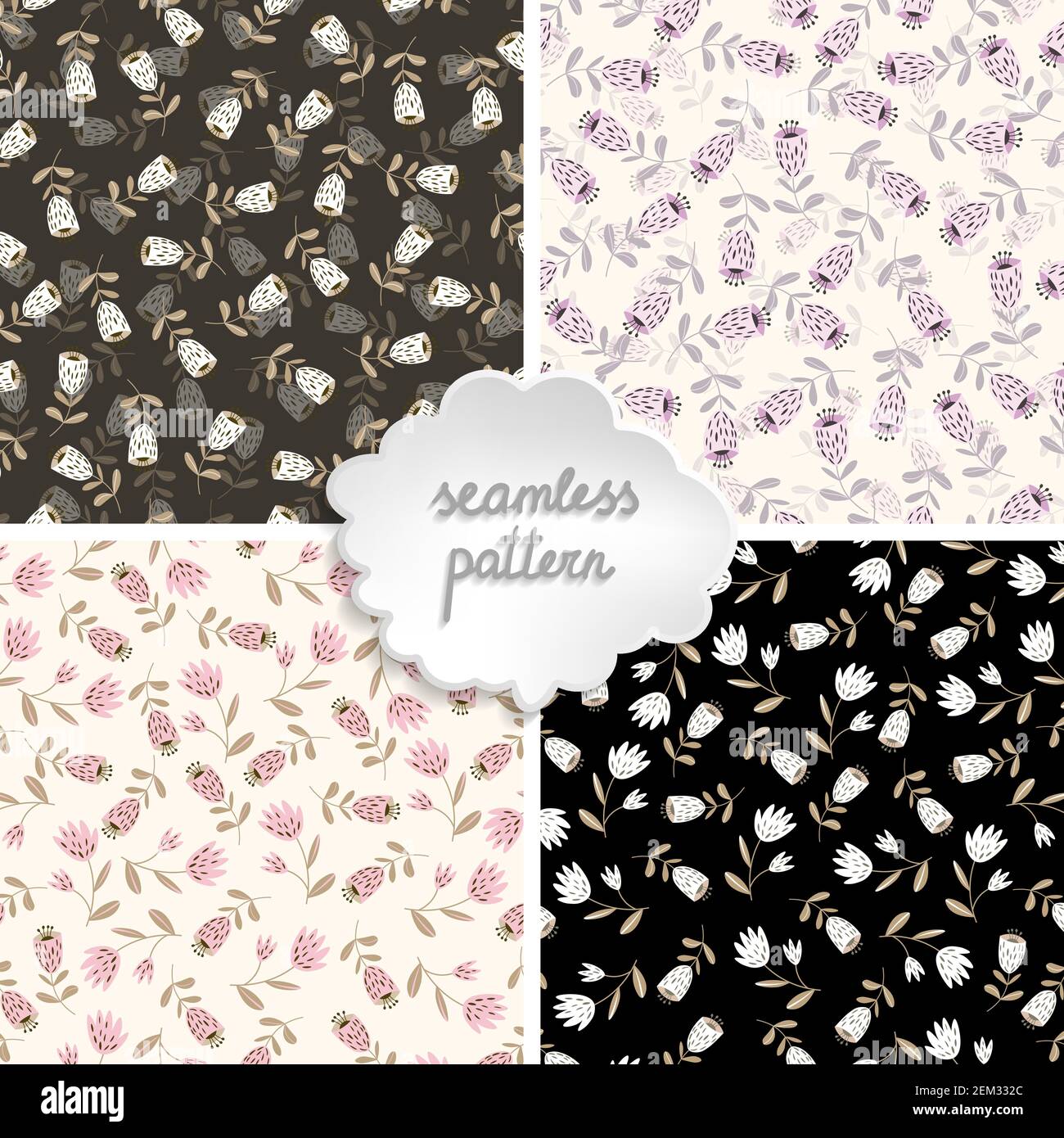 Set of seamless floral patterns based on traditional folk art ornaments. Colorful flowers on light background. Scandinavian style. Vector illustration Stock Vector