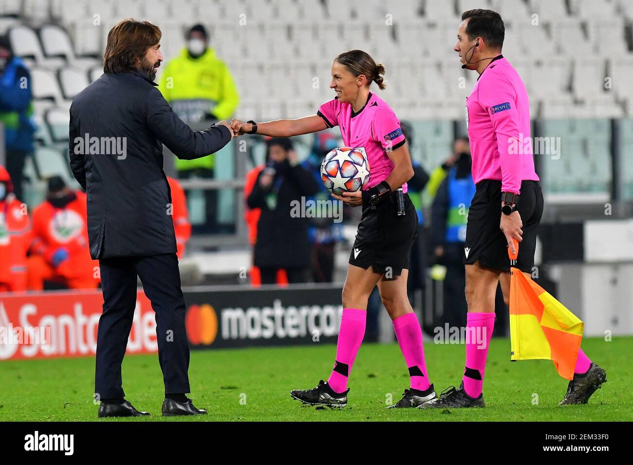 Referee Stephanie Frappart of France greets Federico Chiesa of Juventus FC  during the Champions League Group Stage G football match between Juventus  FC and Dinamo Kiev at Juventus stadium in Turin (Italy),