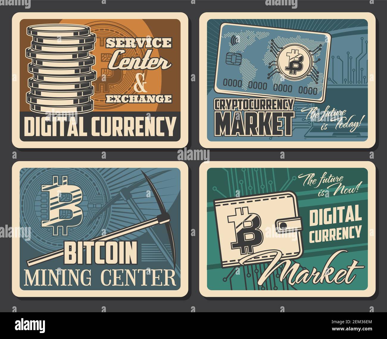 Bitcoin mining, cryptocurrency market and digital money blockchain  technology retro vintage posters. Vector bit coins exchange and crypto  currency wal Stock Vector Image & Art - Alamy