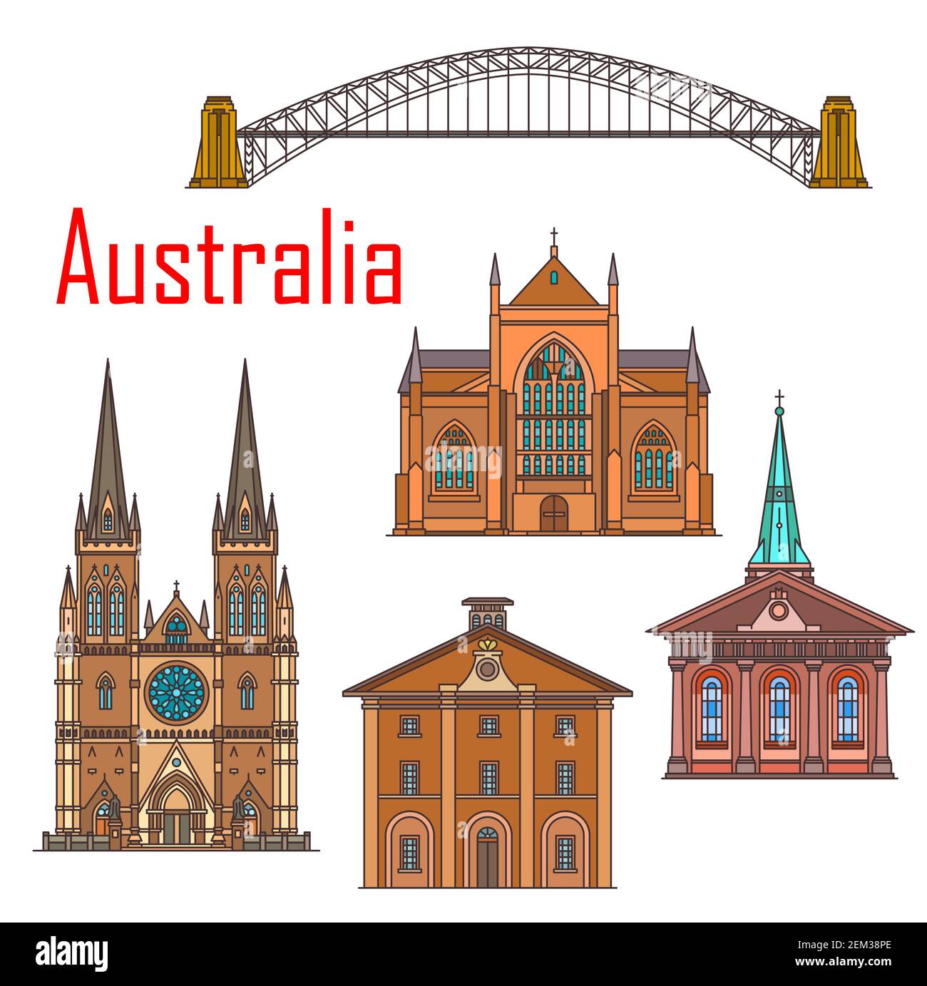 Australia architecture landmarks, Sydney famous historic buildings. Vector St Mary and James church, Saint Andrews cathedral, Australian Harbour bridg Stock Vector