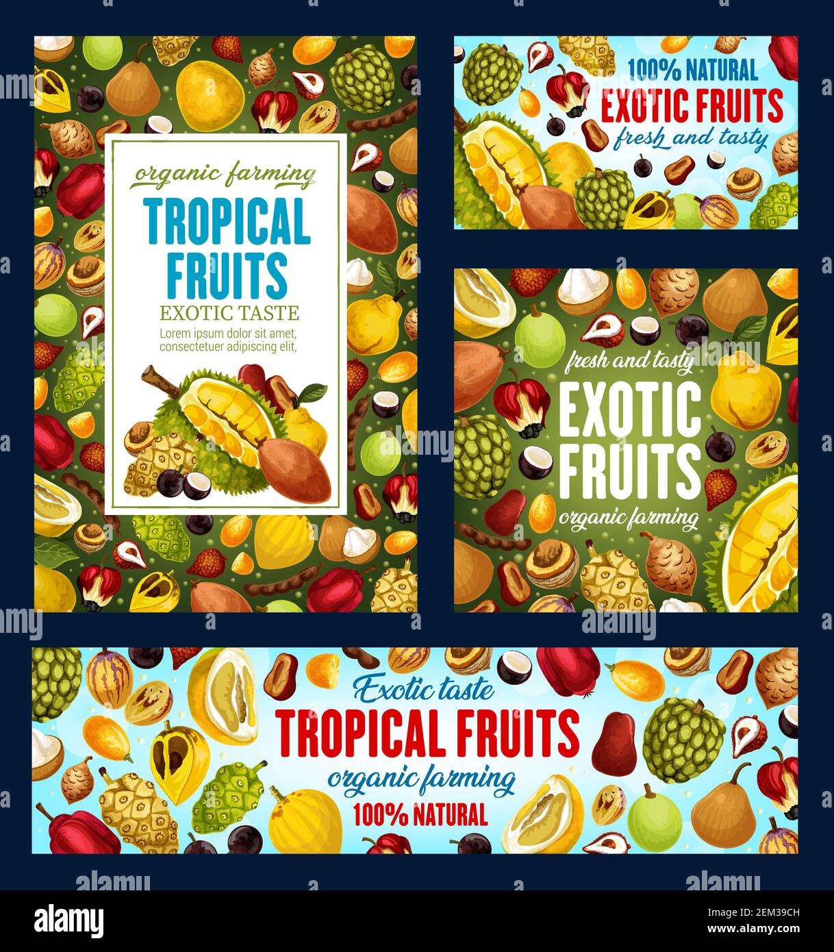 Tropical fruits, farm market organic natural food posters and banners. Vector exotic fruits harvest of pandanus, bergamot and longkong, durian and fei Stock Vector