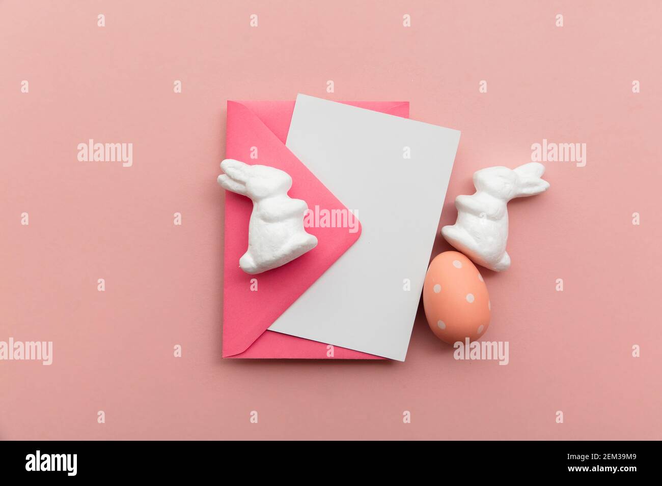 Easter blank card and envelope with easter bunny and eggs Stock Photo