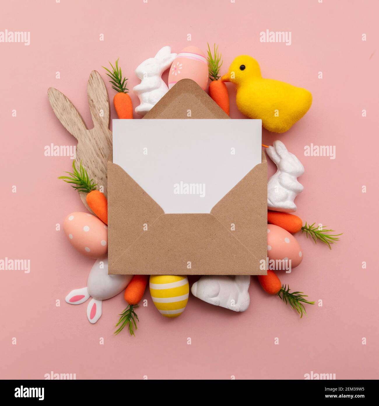Easter blank card and envelope with easter bunny and eggs Stock Photo