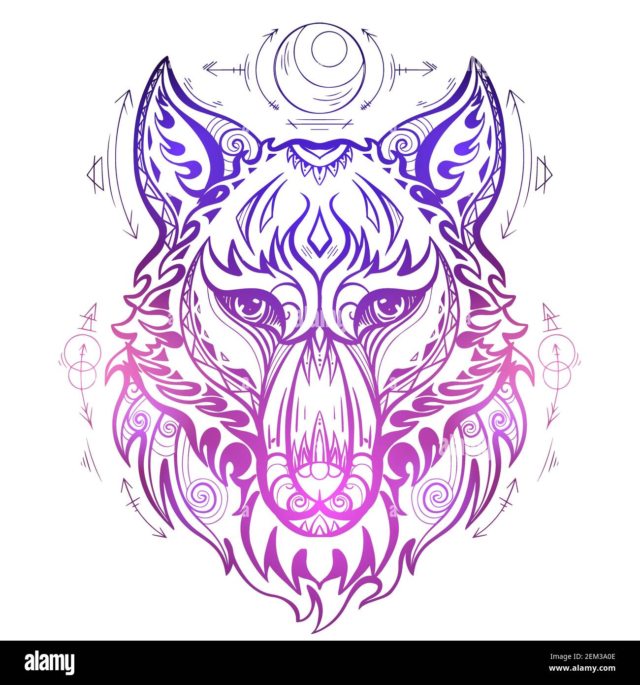 Neon wolf head front view with ethnic decorations and spiritual symbols of the moon and arrows. Predator front view portrait with curls and tribal orn Stock Vector